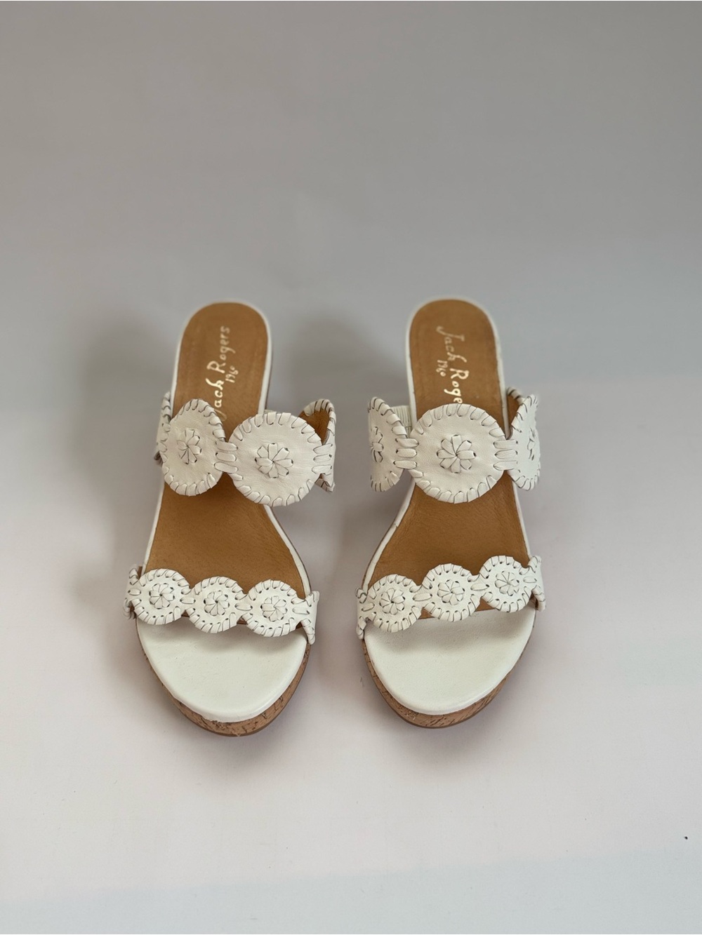 Jack Rogers White Leather Scalloped Slide Wedge Sandals